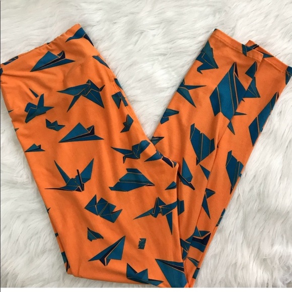 LULAROE Paper Airplanes Rare Unicorn Leggings T&C.Tall and curvy Orange and Blue - Picture 2 of 7